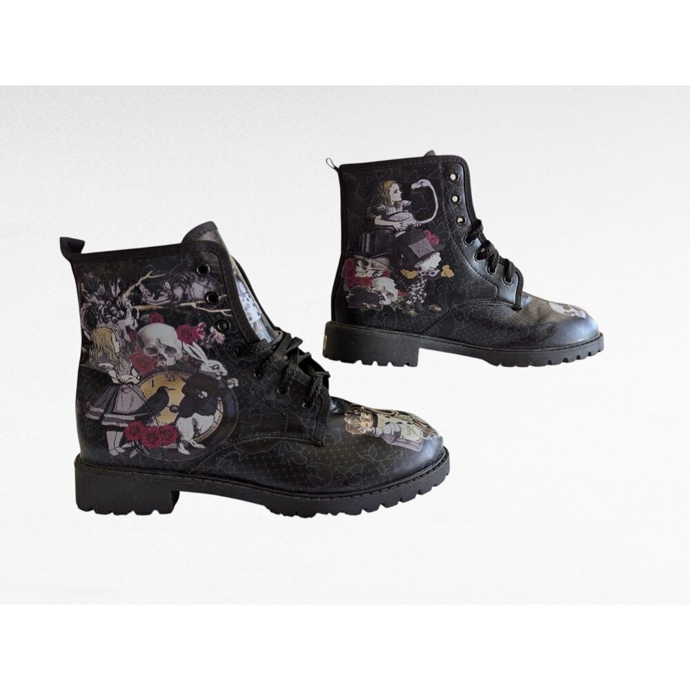 Alice in Wonderland Print High-Top Womens Fashion Docker Boots  Sz 41